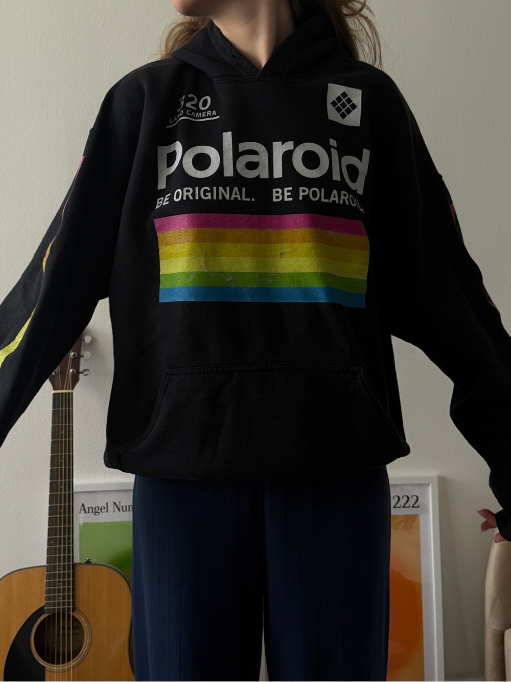 Polaroid Black Pullover Hoodie with Rainbow Stripe